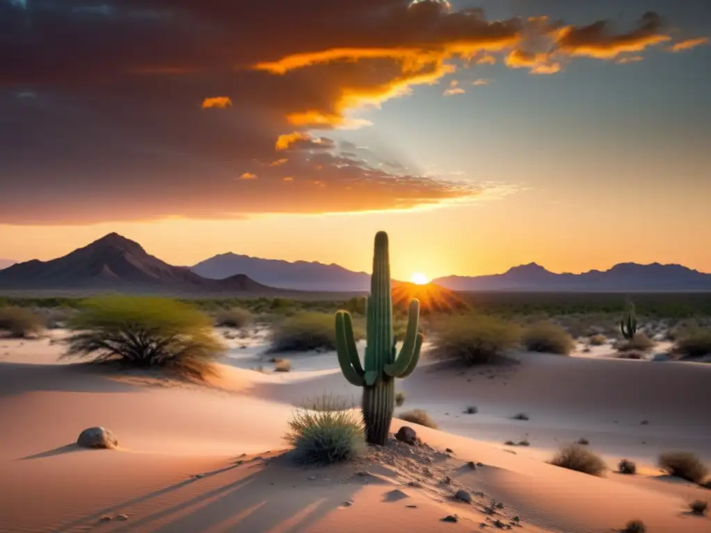 Un cactus solitario destaca en el desierto al atardecer, ilustrando el potencial del compostaje en seco en climas áridos