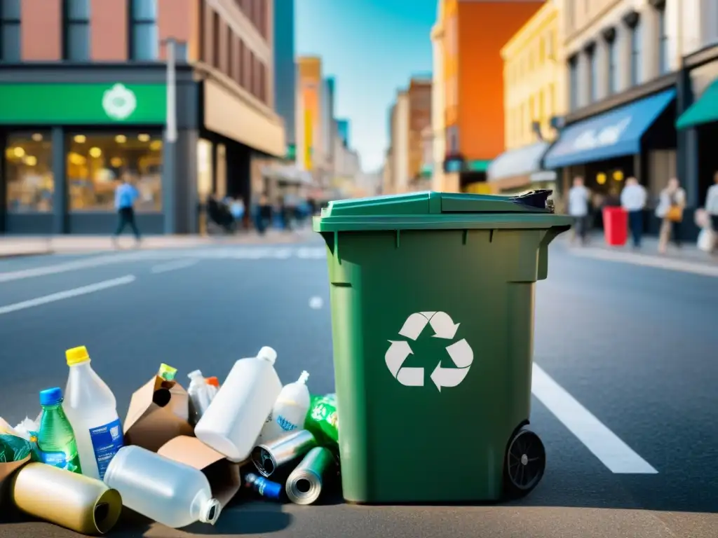 Una calle bulliciosa de la ciudad con contenedor de reciclaje rebosante de plástico, papel y latas