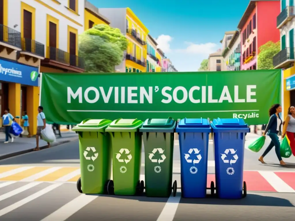 Una calle bulliciosa con personas clasificando en contenedores de reciclaje, destacando el impacto de movimientos sociales en el reciclaje