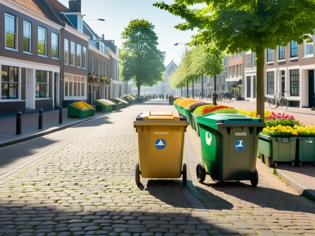 Una calle holandesa bulliciosa con contenedores de compostaje y reciclaje, reflejando la conciencia ambiental y las políticas de compostaje en Holanda