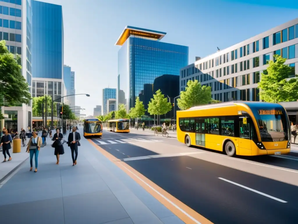 Una calle urbana bulliciosa con edificios modernos y transporte sostenible