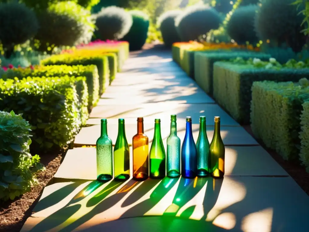 Un camino de jardín bañado por el sol, bordeado de botellas de vidrio recicladas que capturan y refractan la luz en un estallido de colores