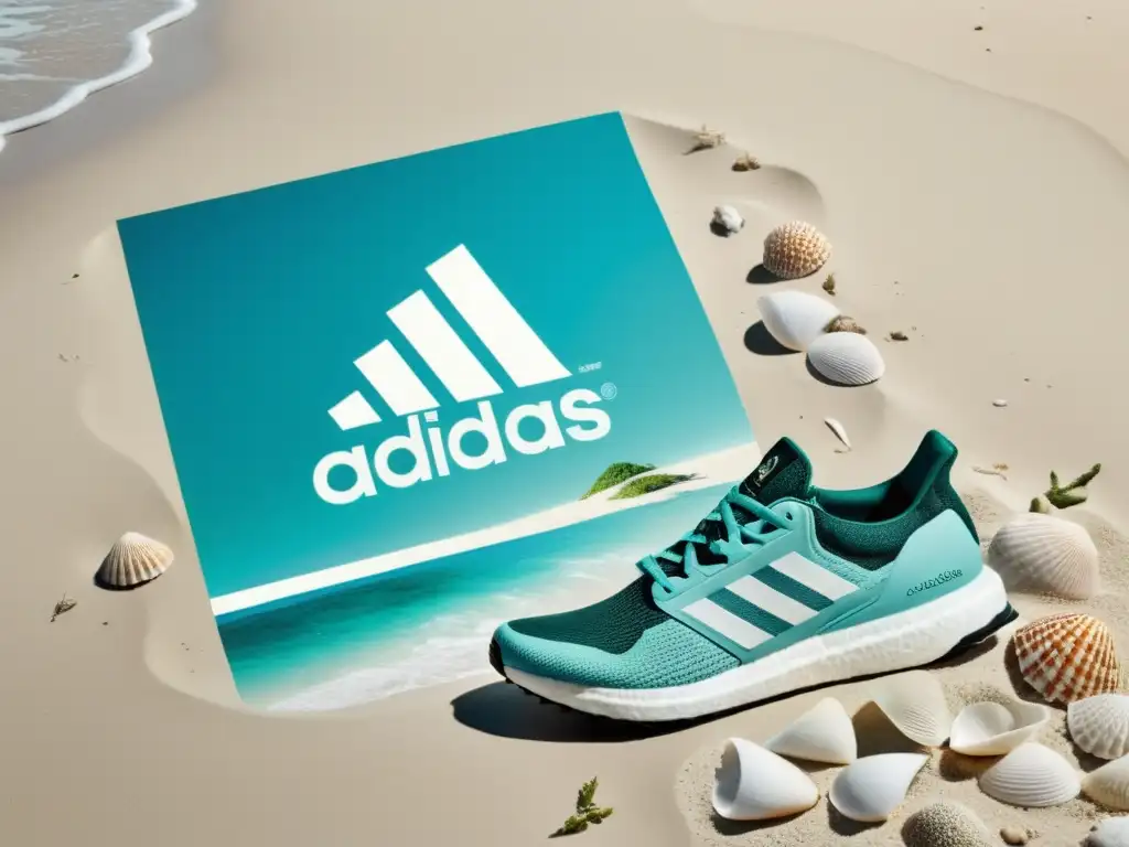 Campaña Ocean Plastics Adidas: cartel minimalista en la playa, con agua cristalina y arena blanca, rodeado de conchas y algas marinas