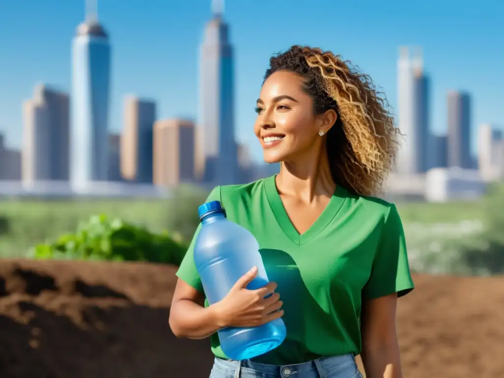 Influencer en campaña de reciclaje, promoviendo sostenibilidad en una ciudad moderna y limpia, con actitud segura y comprometida