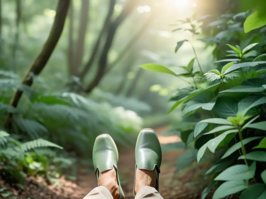 Campaña sostenible TOMS Join the Loop: Persona camina con zapatos TOMS en un bosque verde, bañado por luz cálida