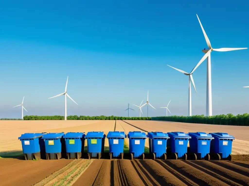 Un campo bañado de sol con contenedores de compostaje y reciclaje