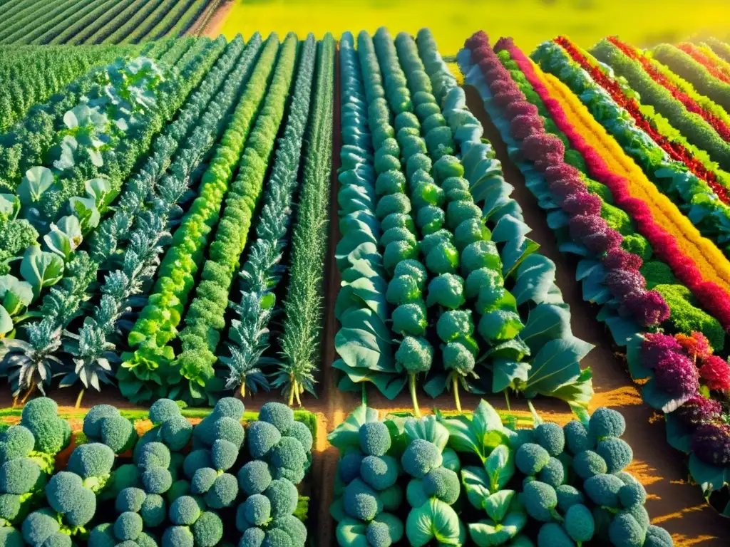 Un campo de cultivo ecológico rebosante de vegetales vibrantes bajo la cálida luz dorada