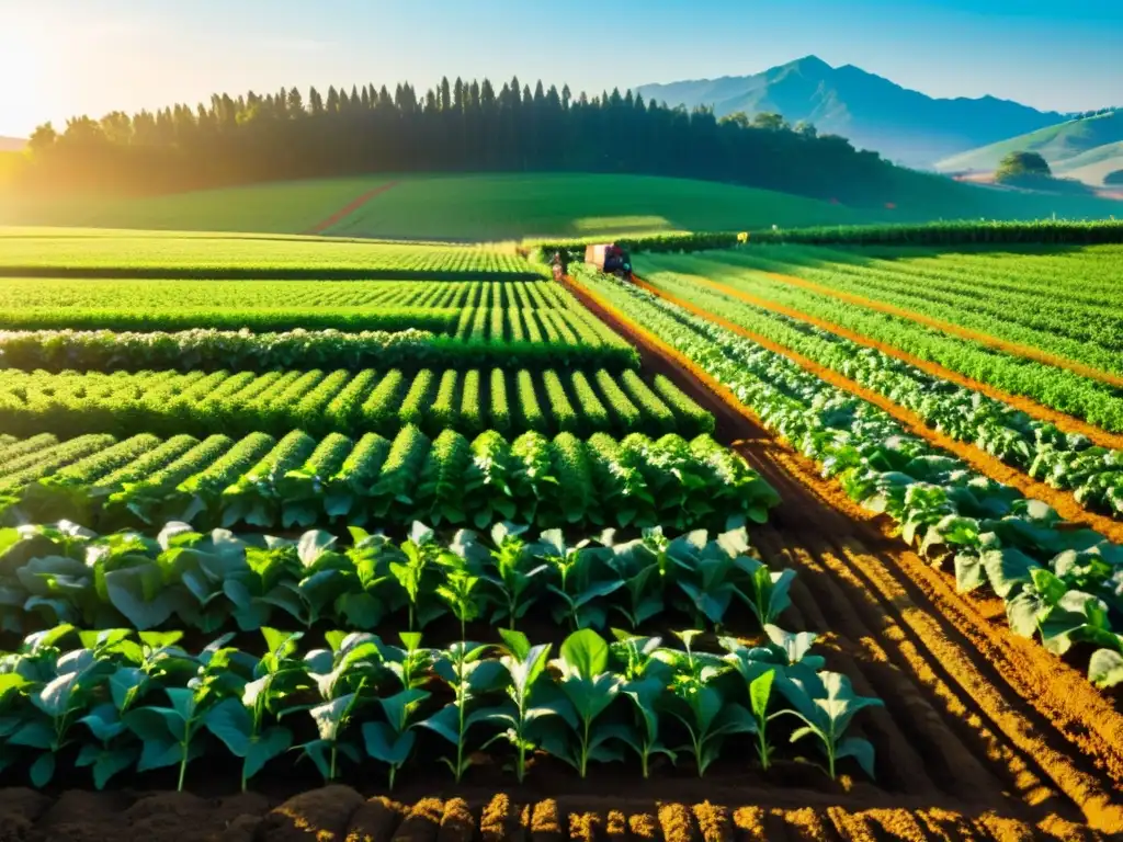 Un campo de cultivos verde exuberante bañado por la cálida luz del sol