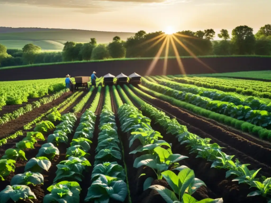 Un campo exuberante con cultivos saludables y compostaje de hojas para cultivos