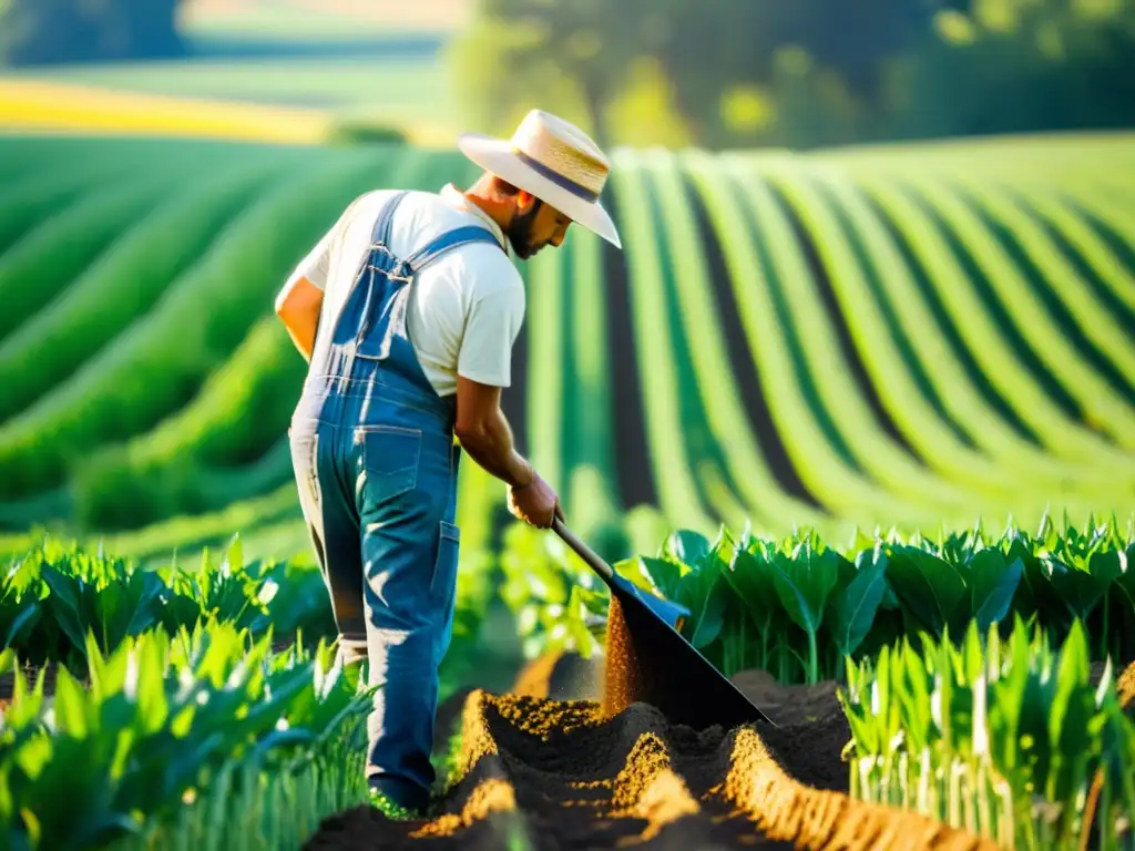 Un campo exuberante con cultivos verdes y brillantes se extiende hacia el horizonte