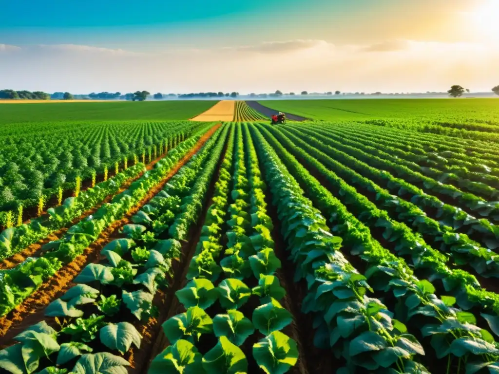 Un campo exuberante y fértil con hileras de plantas verdes