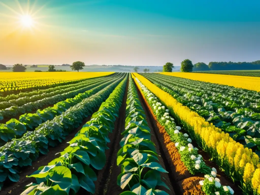 Un campo exuberante y frondoso de cultivos con filas de plantas verdes y flores coloridas