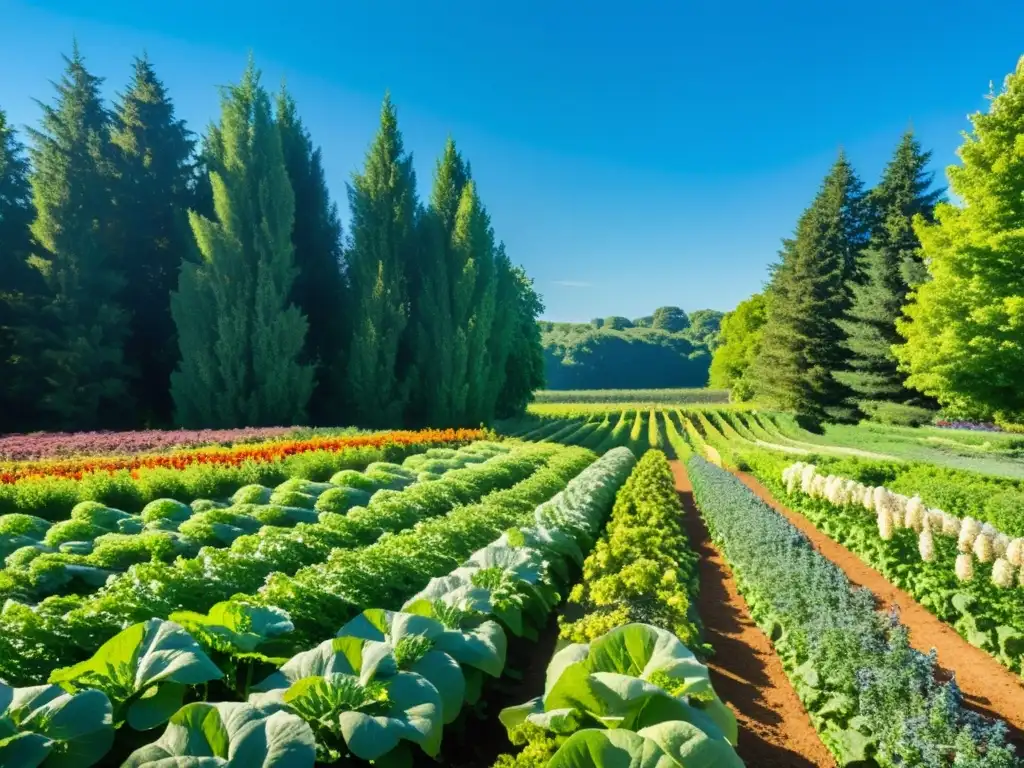 Un campo exuberante con hileras de vegetales, rodeado de árboles altos y un cielo azul