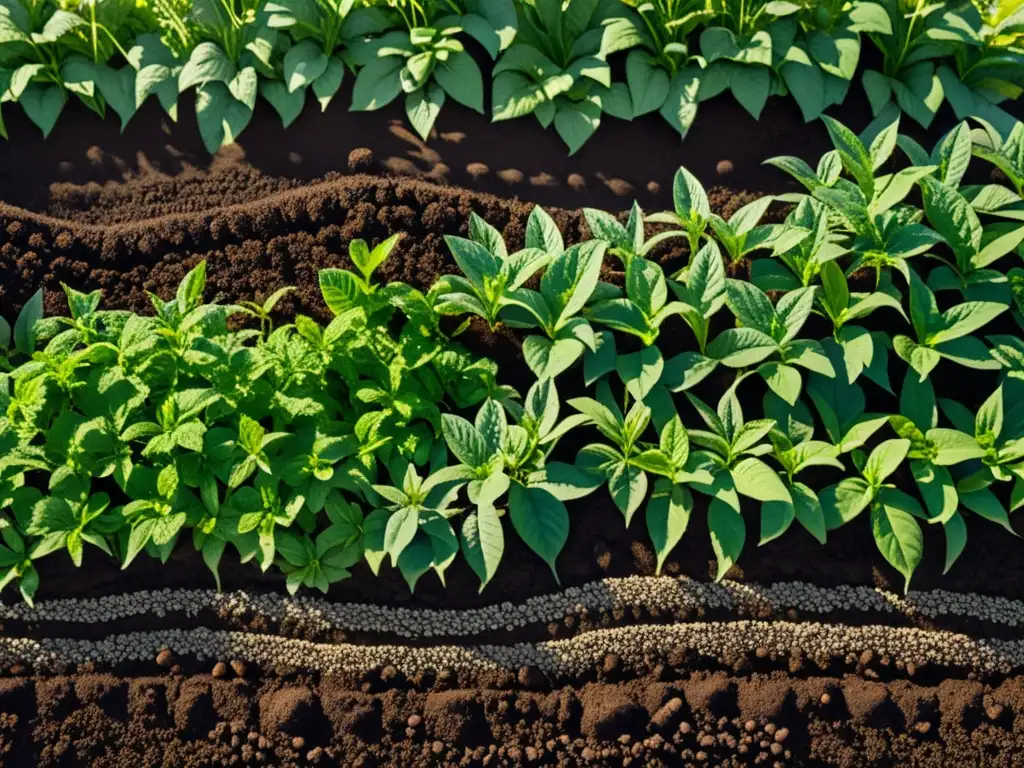 Campo fértil con suelo oscuro y plantas vibrantes, refleja la escena próspera del compostaje para mejorar suelo