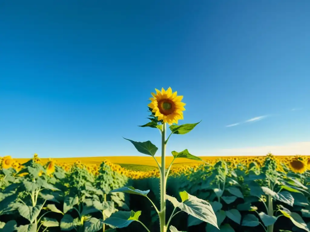 Campo sereno: girasol dorado bajo cielo azul Un campo verde exuberante bajo el cielo azul