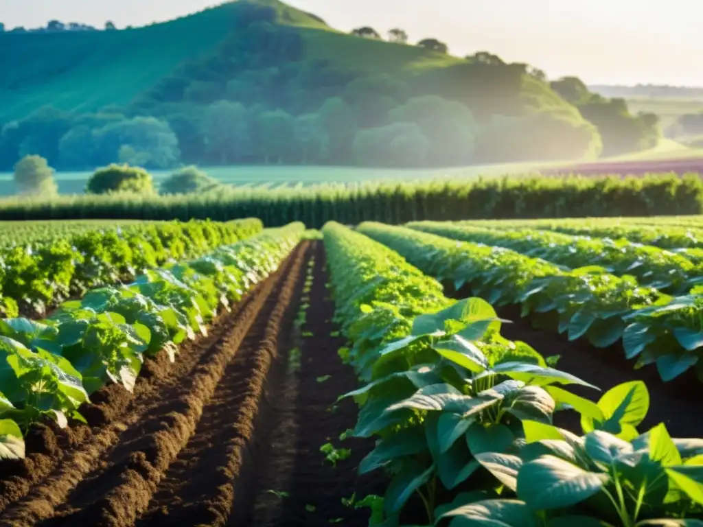 Un campo verde exuberante con cultivos vibrantes y saludables que se extienden hacia el horizonte, bañado por la cálida luz del sol