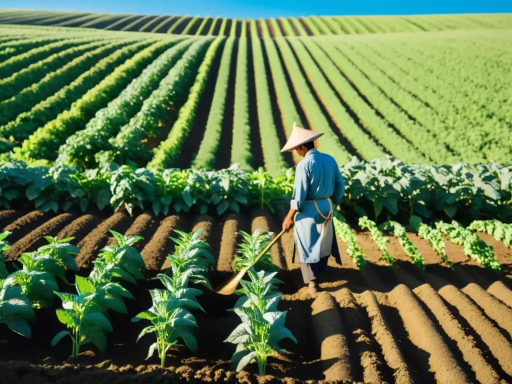 Un campo verde exuberante con cultivos y un granjero aplicando fertilizante orgánico con cuidado bajo el cielo azul