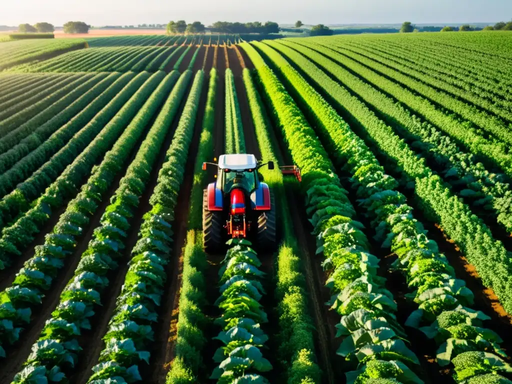 Un campo verde exuberante se extiende hacia el horizonte, con cultivos en filas ordenadas que se pierden a lo lejos