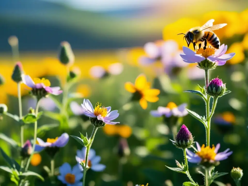 Un campo vibrante de flores silvestres con abejas recolectando néctar, iluminado por el sol