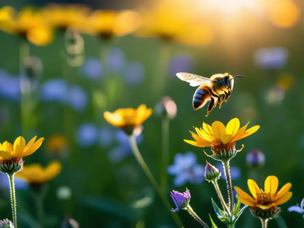 Un campo vibrante de flores silvestres, abejas revoloteando y el cálido resplandor dorado del sol