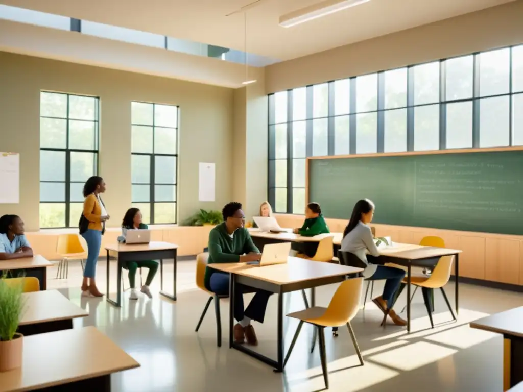 Capacitaciones en sostenibilidad docente: Aula serena con luz natural, estudiantes comprometidos y profesor facilitando discusión sobre responsabilidad ambiental