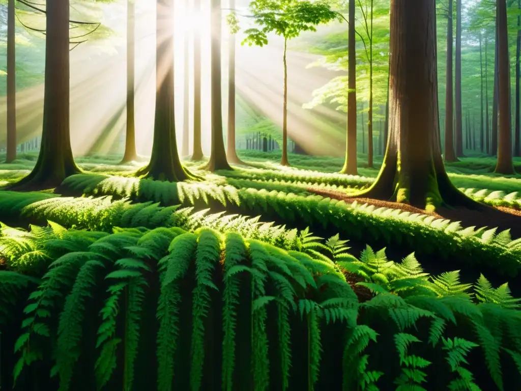 Captura de un bosque exuberante con luz solar filtrándose entre las hojas, creando patrones de sombra en el suelo