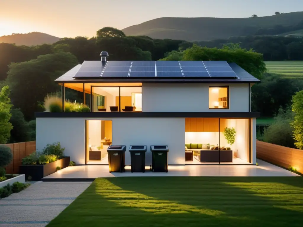 Una casa moderna y ecológica con paneles solares, jardín verde y contenedores de reciclaje