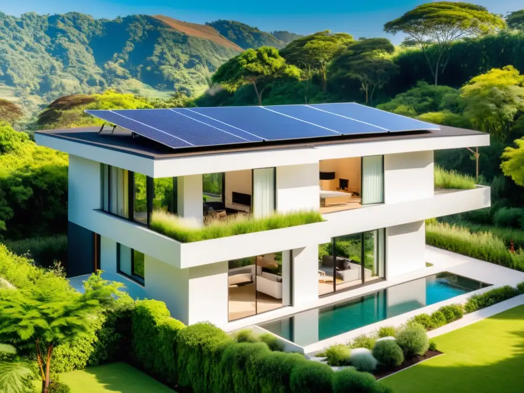 Casa moderna y minimalista con paneles solares en el techo, rodeada de vegetación exuberante y bañada por cálida luz solar