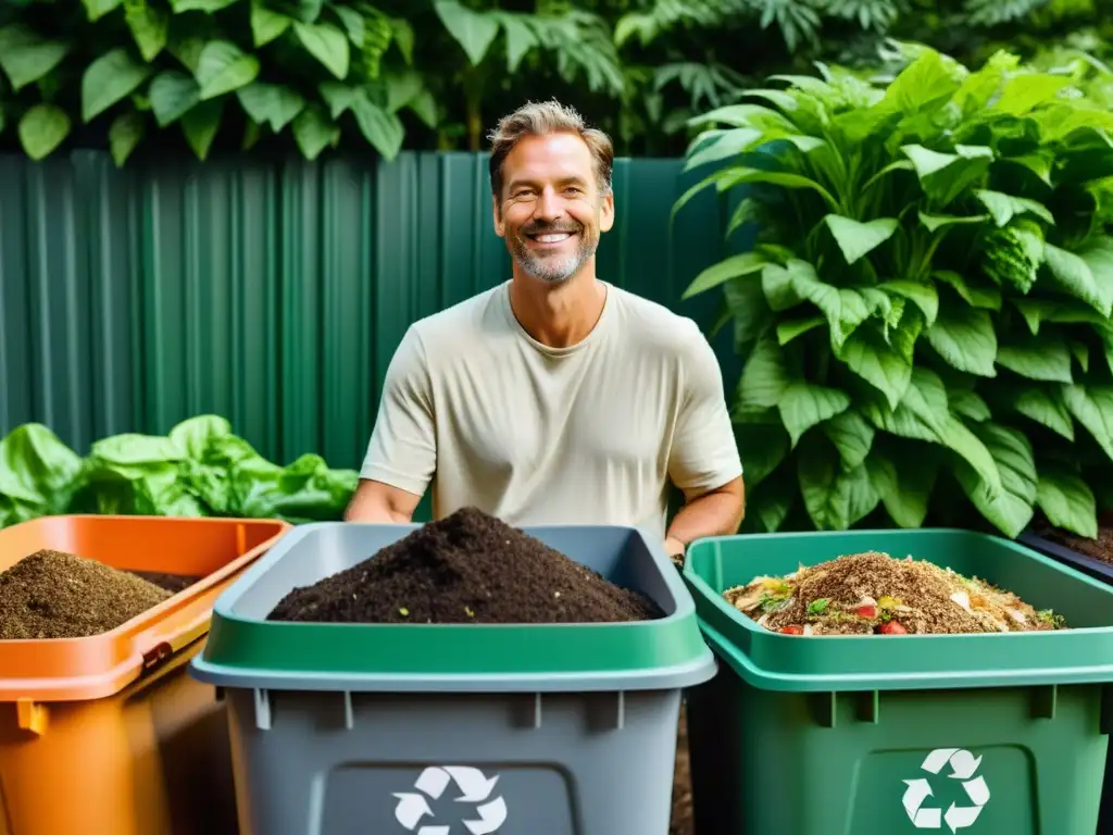 Una celebridad participa en iniciativa de reciclaje y compostaje rodeada de naturaleza exuberante, transmitiendo concienciación ambiental