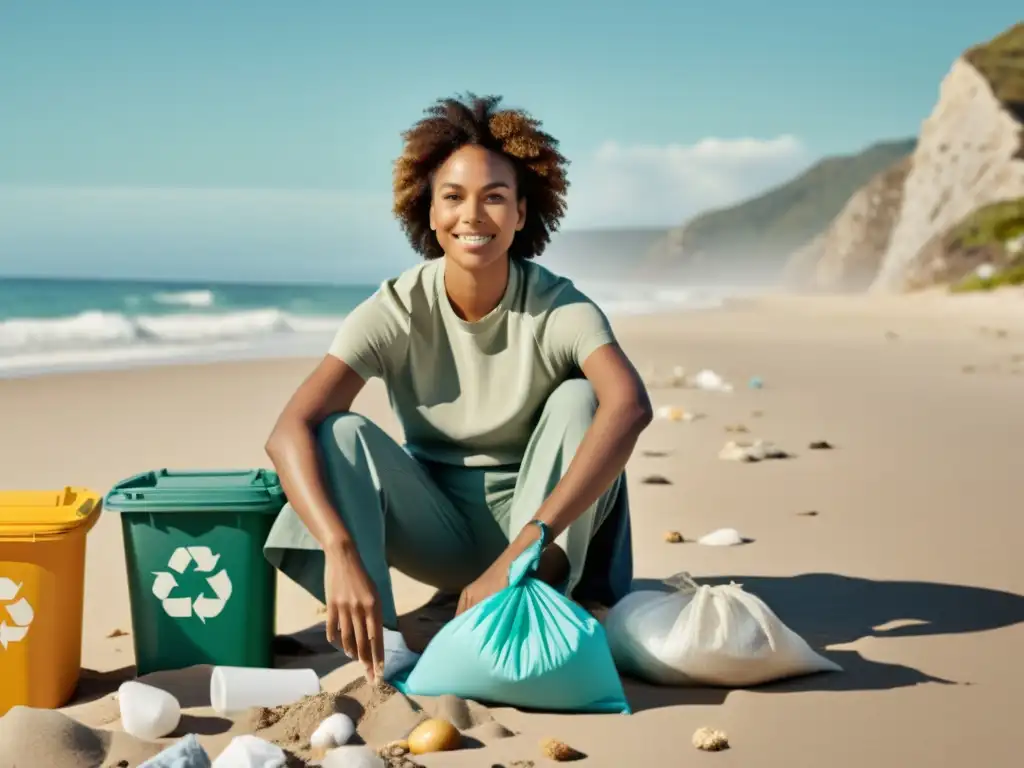 Una celebridad en limpieza de playa con ropa eco-friendly, rodeada de voluntarios diversidad, fomentando concienciación sobre reciclaje y compostaje