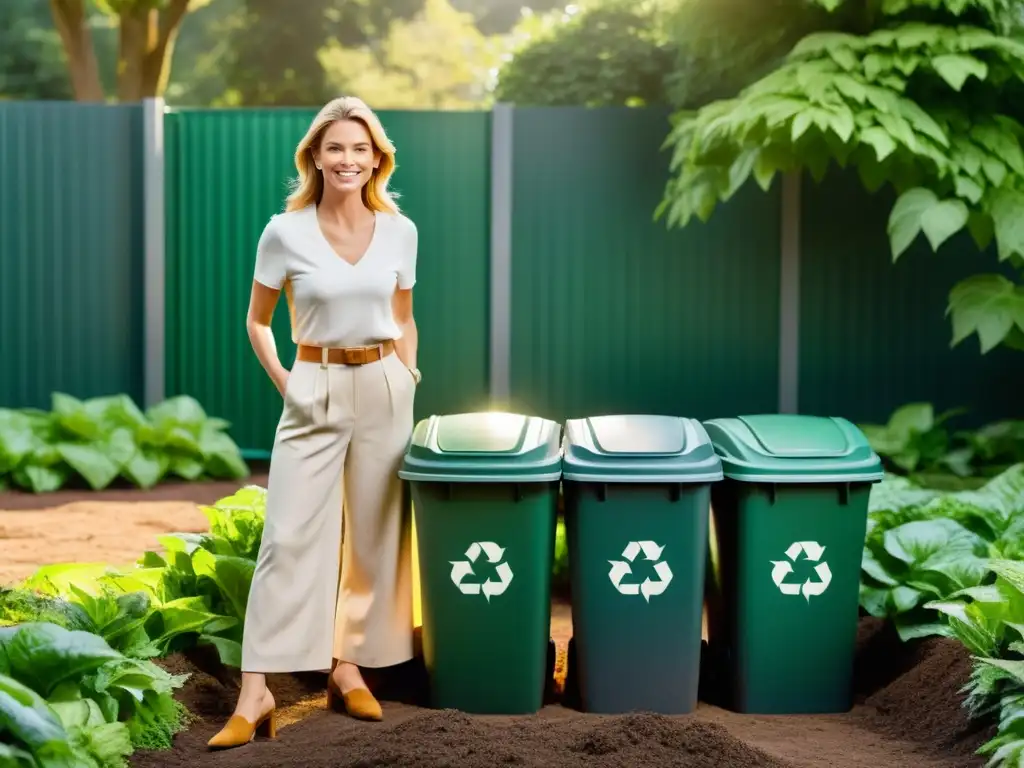 Una celebridad promoviendo la concienciación sobre reciclaje y compostaje en un jardín sereno