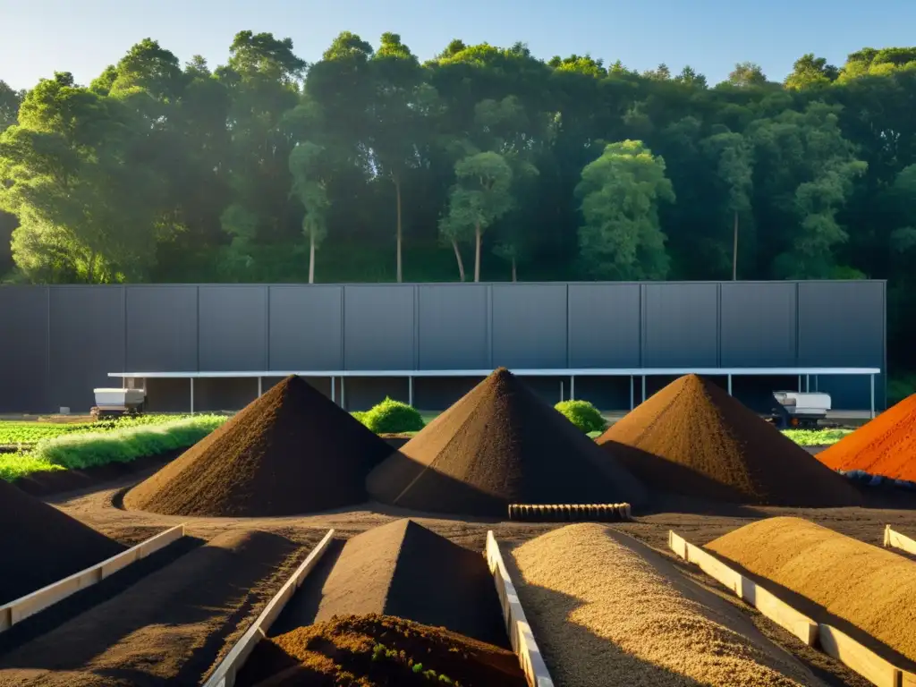 Un centro de compostaje activo y armonioso, con pilas de compost organizadas entre exuberante vegetación bajo la suave luz dorada