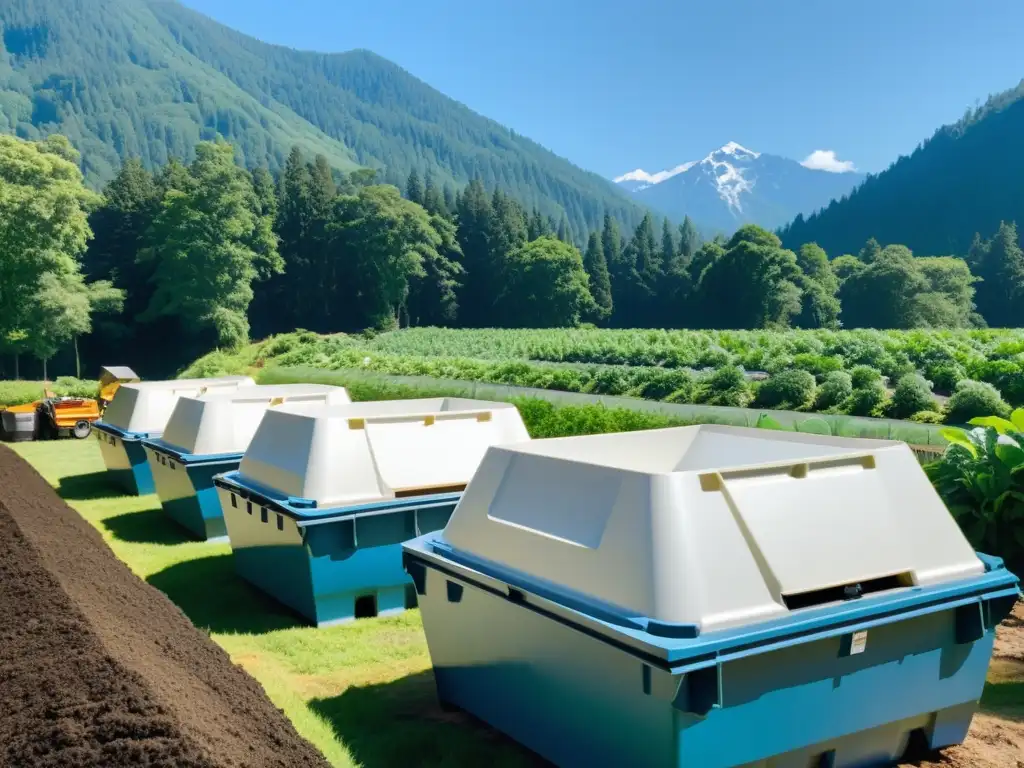 Un centro de compostaje impecable con filas de contenedores ordenados, rodeado de exuberante vegetación y luz solar