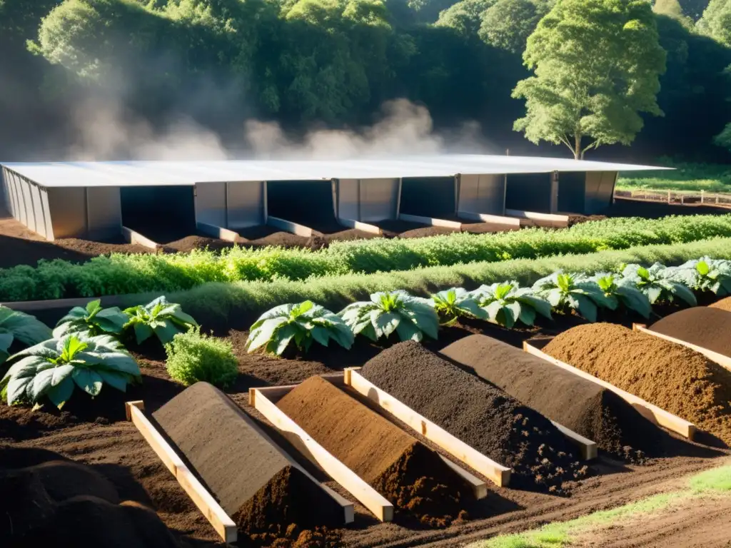 Un centro de compostaje moderno con pilas de compost ordenadas, trabajadores, vapor y naturaleza exuberante