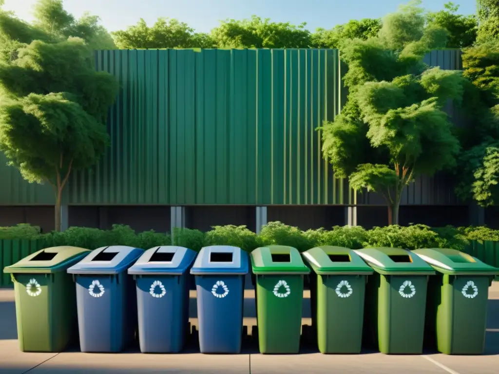 Un centro comunitario de reciclaje con gente clasificando residuos, rodeado de exuberante vegetación