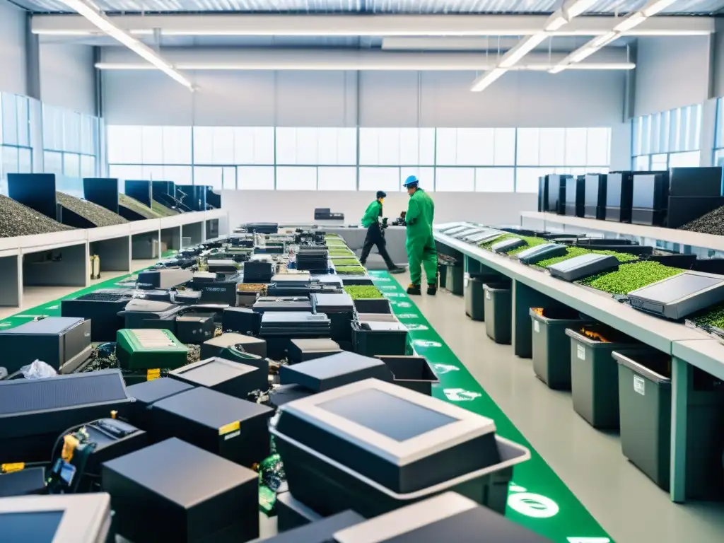 En un centro de reciclaje electrónico sostenible, los trabajadores clasifican con cuidado los desechos electrónicos entre la luz natural