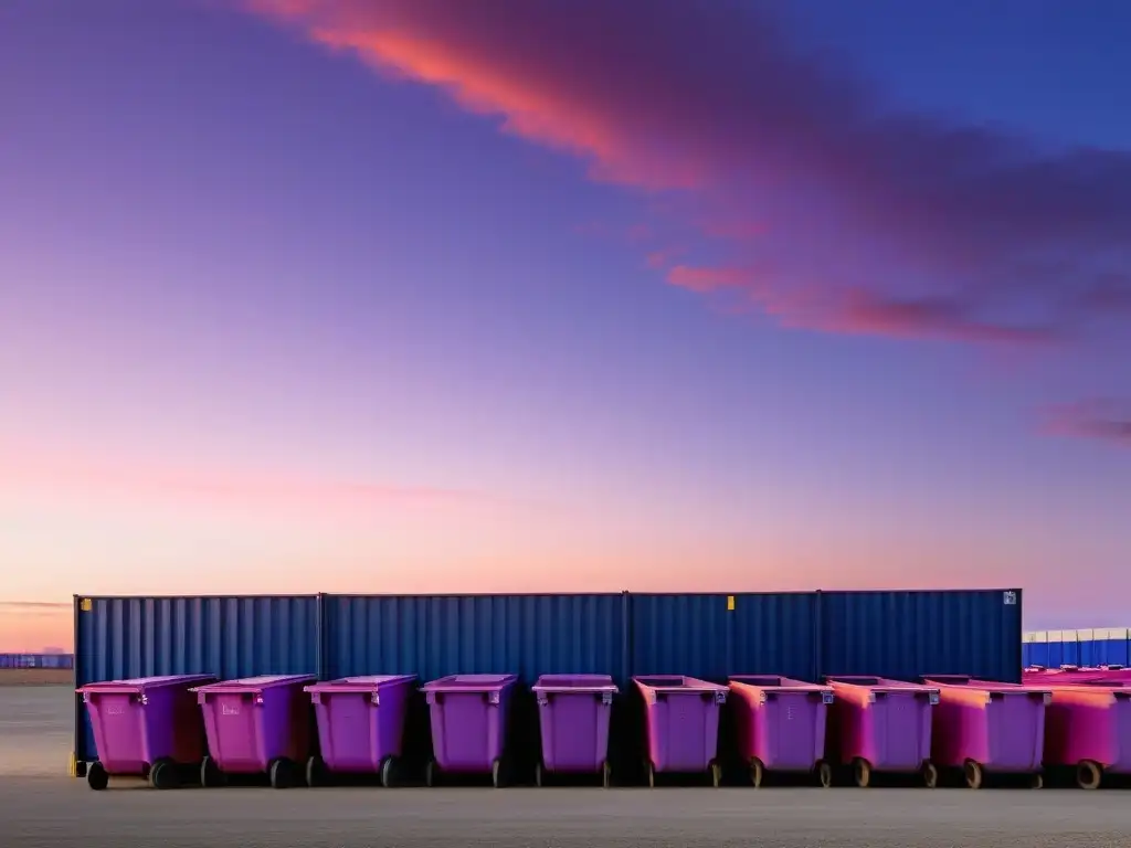 Un centro de reciclaje al atardecer, con contenedores ordenados y luz cálida