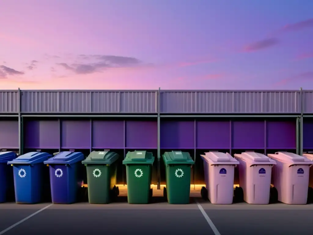 Centro de reciclaje al atardecer, con tonos rosados y morados en el cielo