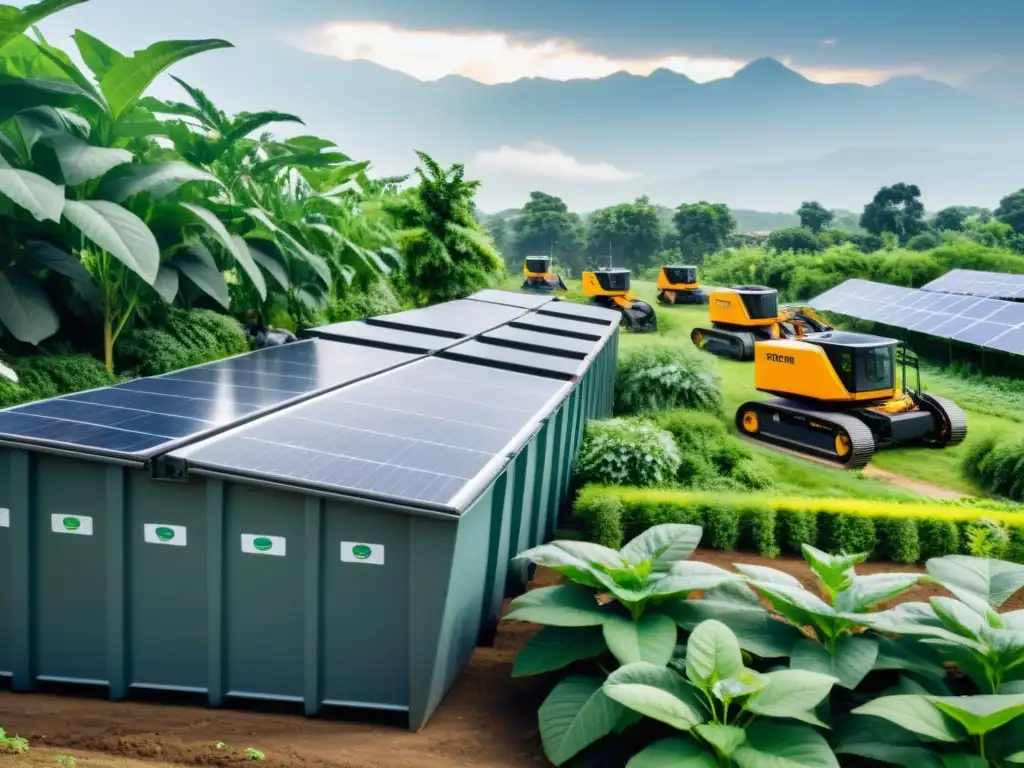 Un centro de reciclaje automatizado para comunidades sostenibles, donde robots clasifican materiales reciclables en un entorno ecoamigable y vibrante