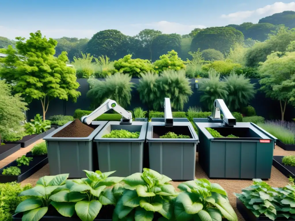 Un centro de reciclaje automatizado para comunidades sostenibles con jardín comunitario vibrante y brazos robóticos eficientes