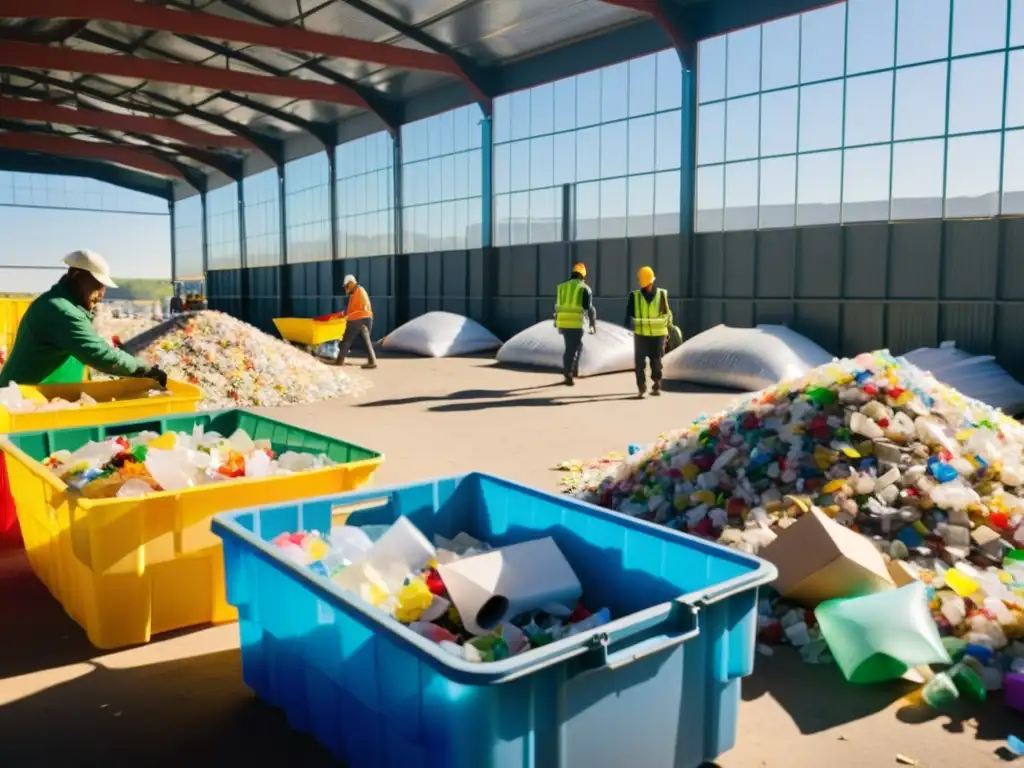 Un centro de reciclaje bullicioso donde los trabajadores separan plásticos, vidrios y papel