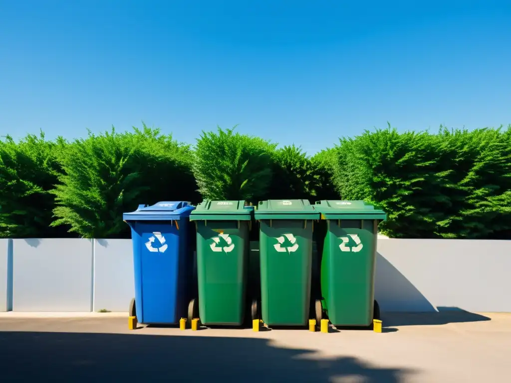 Centro de reciclaje con contenedores ordenados, rodeado de naturaleza