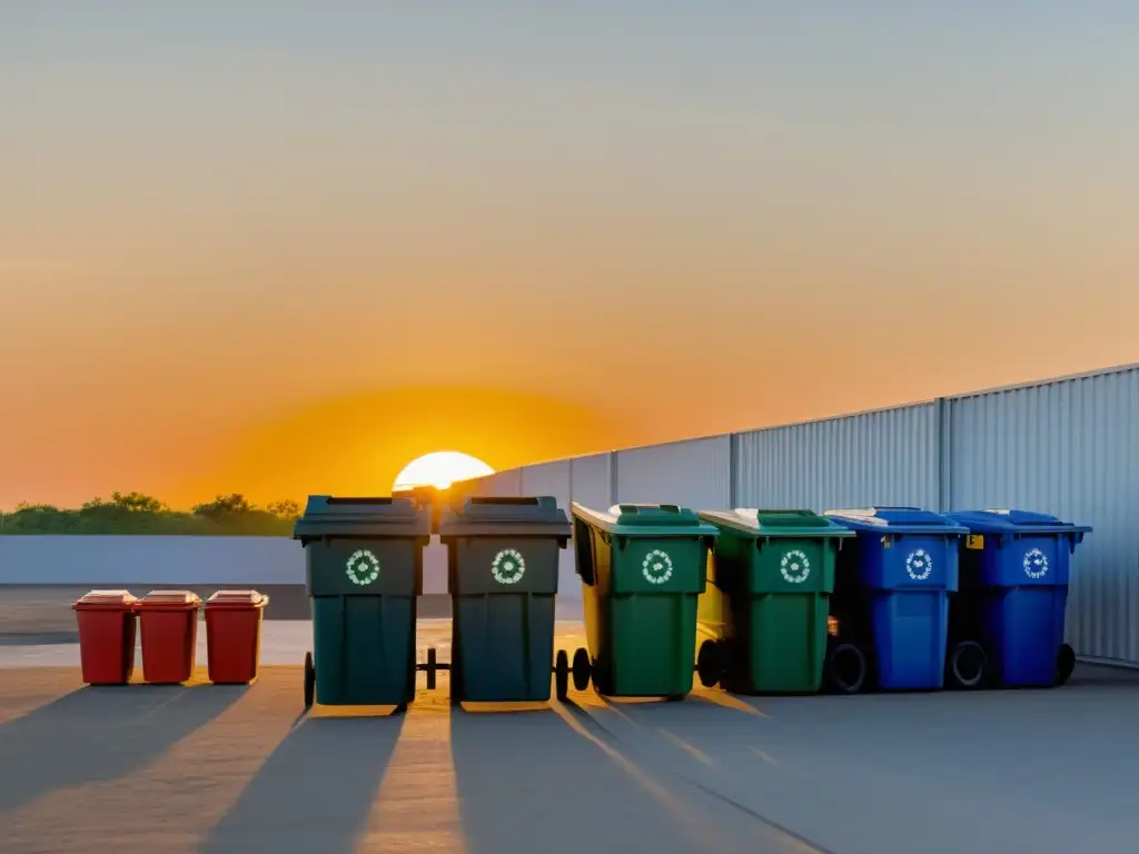 Un centro de reciclaje con contenedores ordenados al atardecer