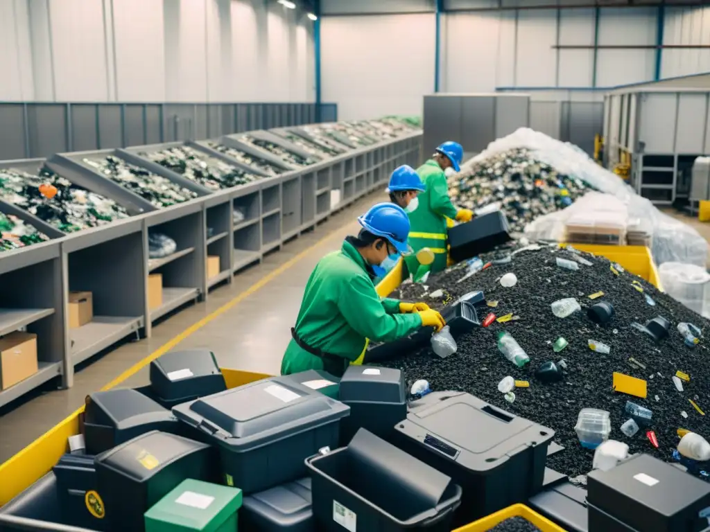 Un centro de reciclaje de electrónicos sostenible con trabajadores separando desechos en un ambiente moderno y eficiente