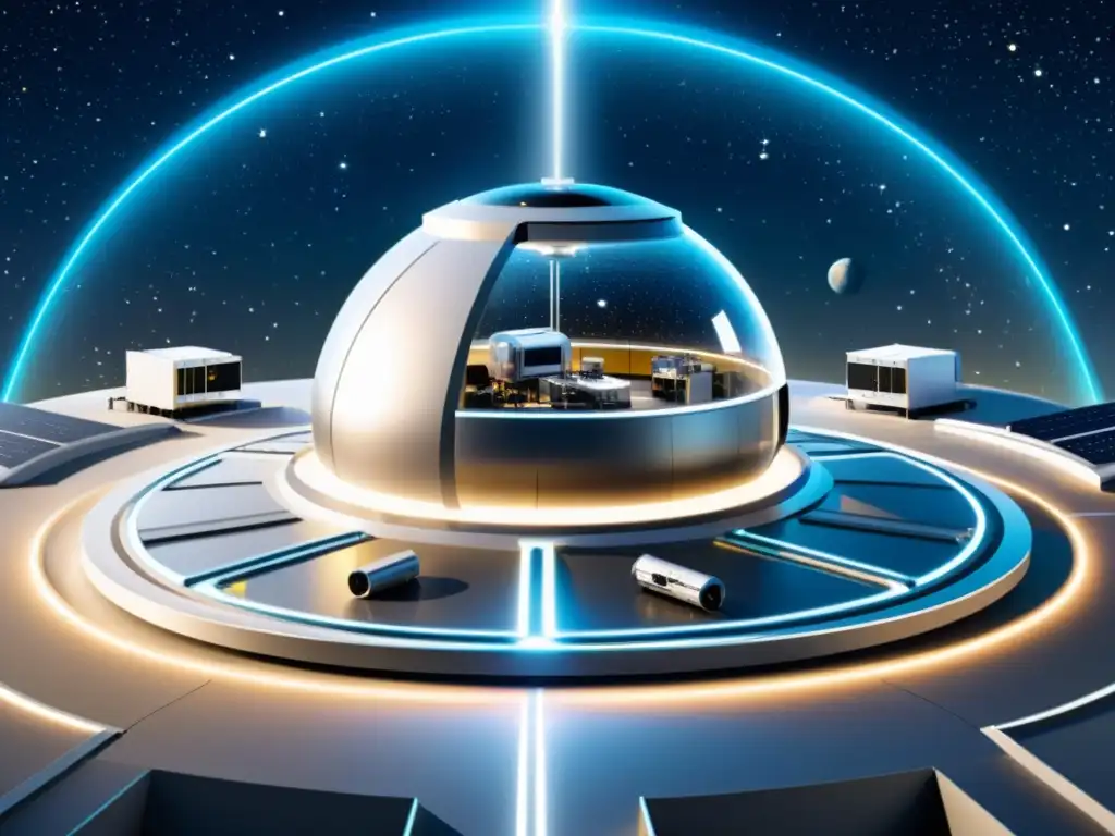 Centro de reciclaje espacial futurista: tecnología avanzada y sostenibilidad en el espacio Un centro de reciclaje espacial futurista con tecnología avanzada y diseño sostenible, en un entorno galáctico