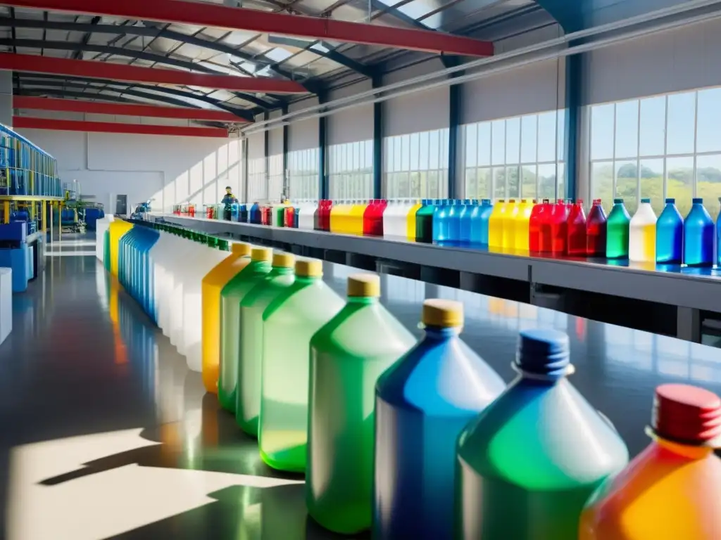 Planta de reciclaje de vanguardia: tecnología blockchain en acción Un centro de reciclaje impecable con maquinaria moderna separando botellas de plástico