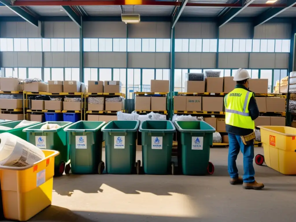 Un centro de reciclaje local bullicioso, donde los trabajadores clasifican materiales en contenedores etiquetados