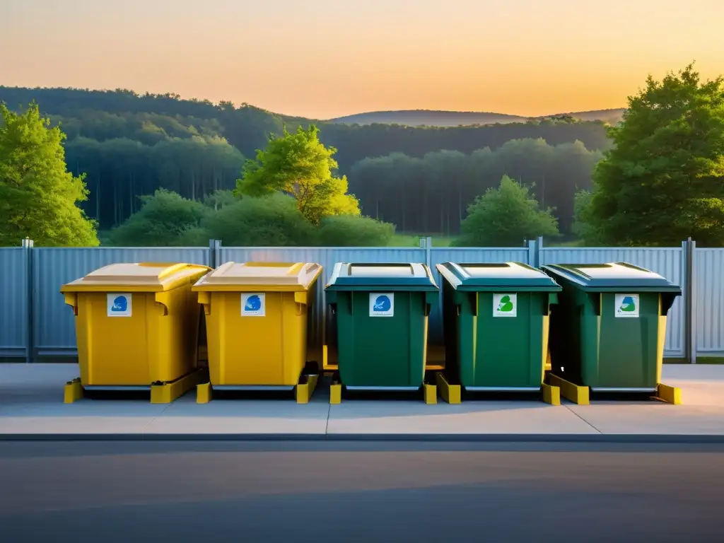 Un centro de reciclaje moderno al atardecer, con contenedores geométricos y cálida luz solar, muestra armonía entre naturaleza y sostenibilidad