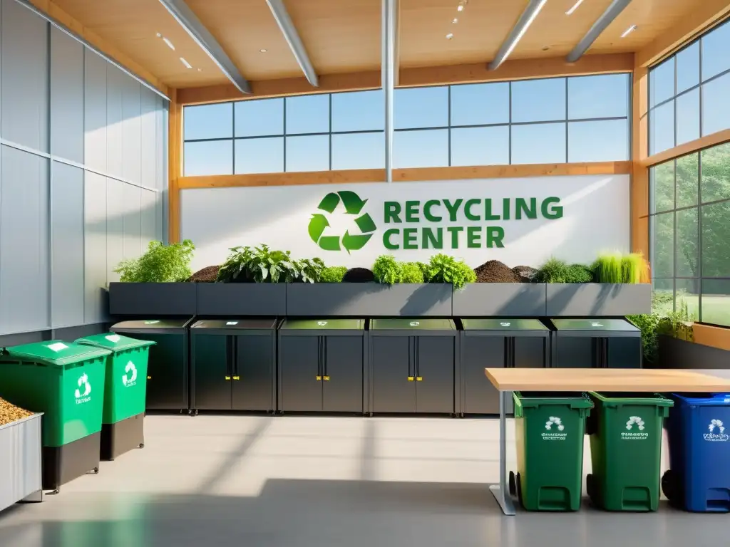 Un centro de reciclaje moderno con branding ecológico exitoso, gente activa y mucha luz natural