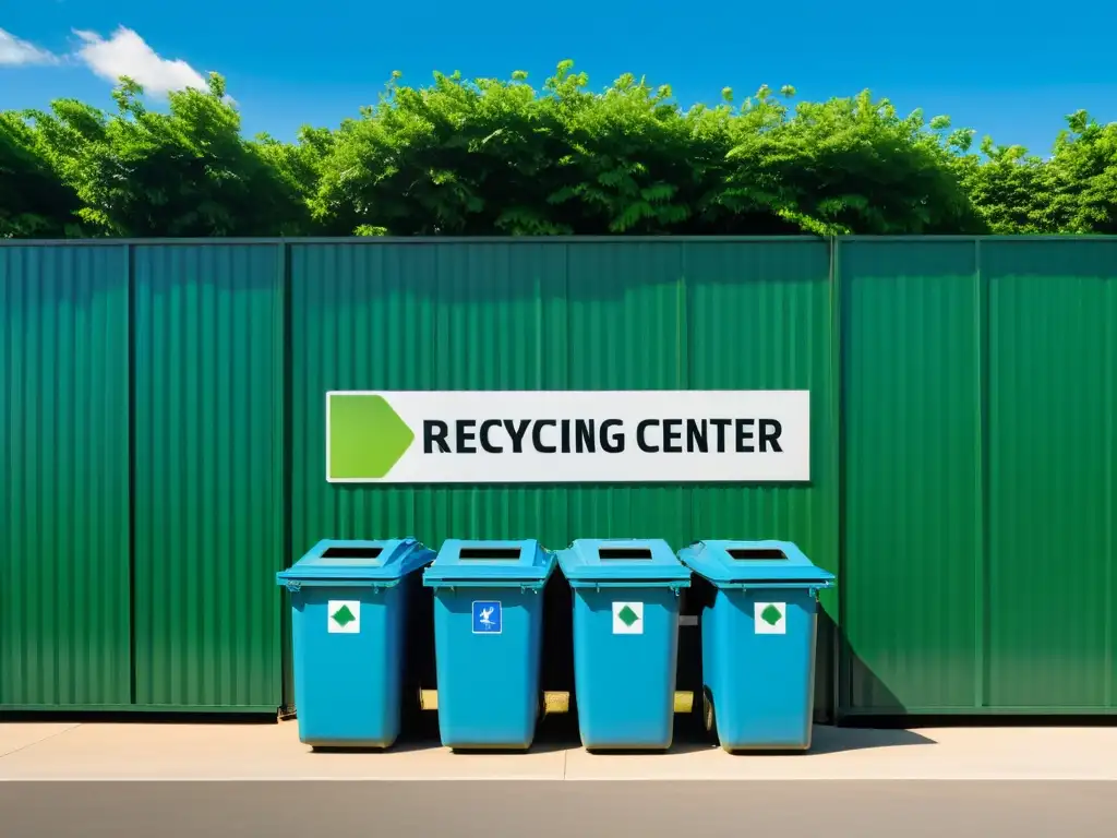 Centro de reciclaje moderno en armonía con la naturaleza Un centro de reciclaje moderno rodeado de naturaleza, transmitiendo armonía y sostenibilidad con soluciones sustentables reducción residuos embalaje